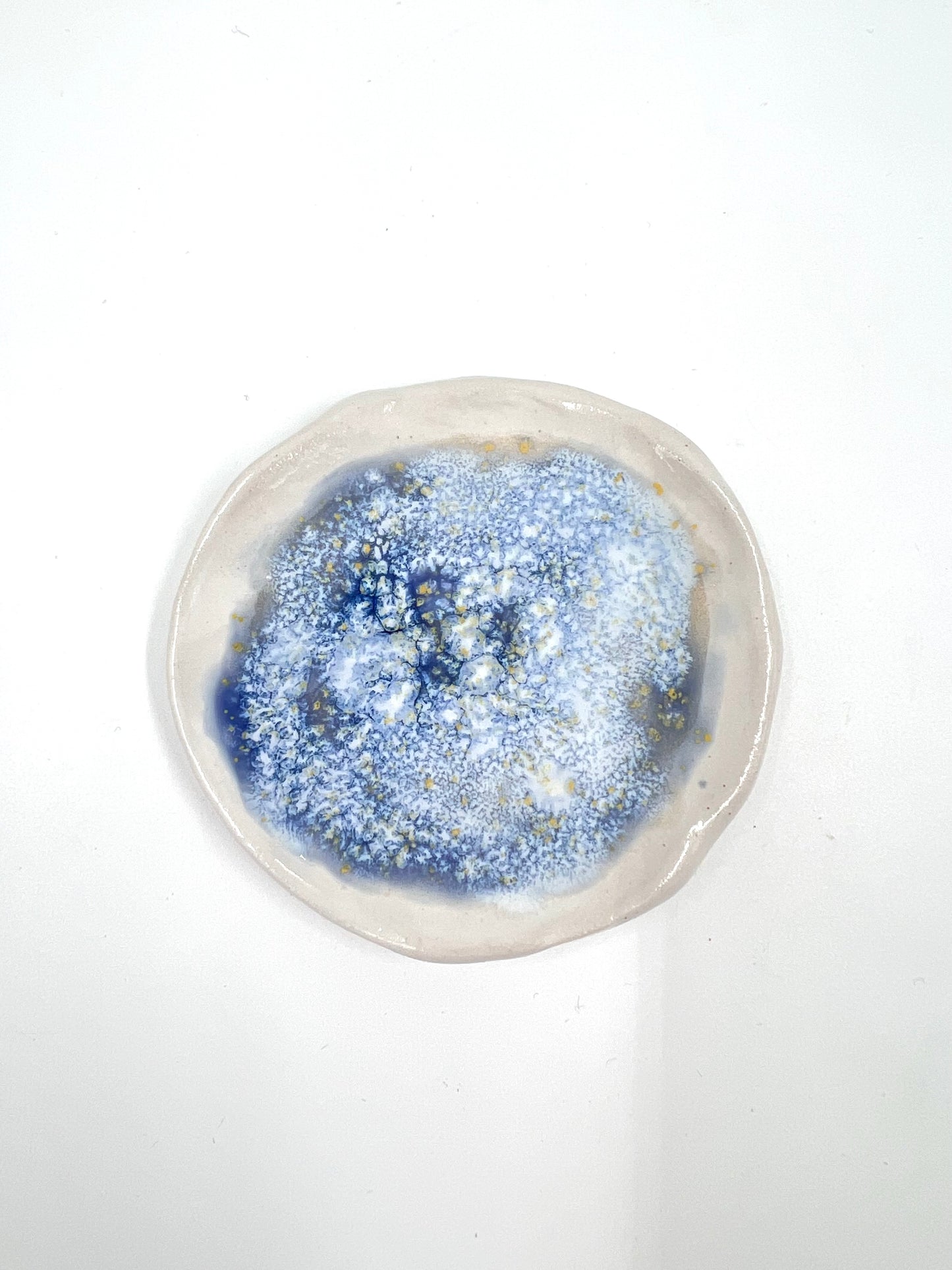 Blombruden litet fat vit blå